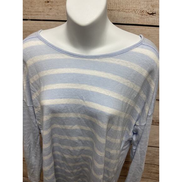 Athleta Womens Linen Shirt Size Large Blue Striped Blouse Casual Top Long Sleeve - Picture 4 of 13